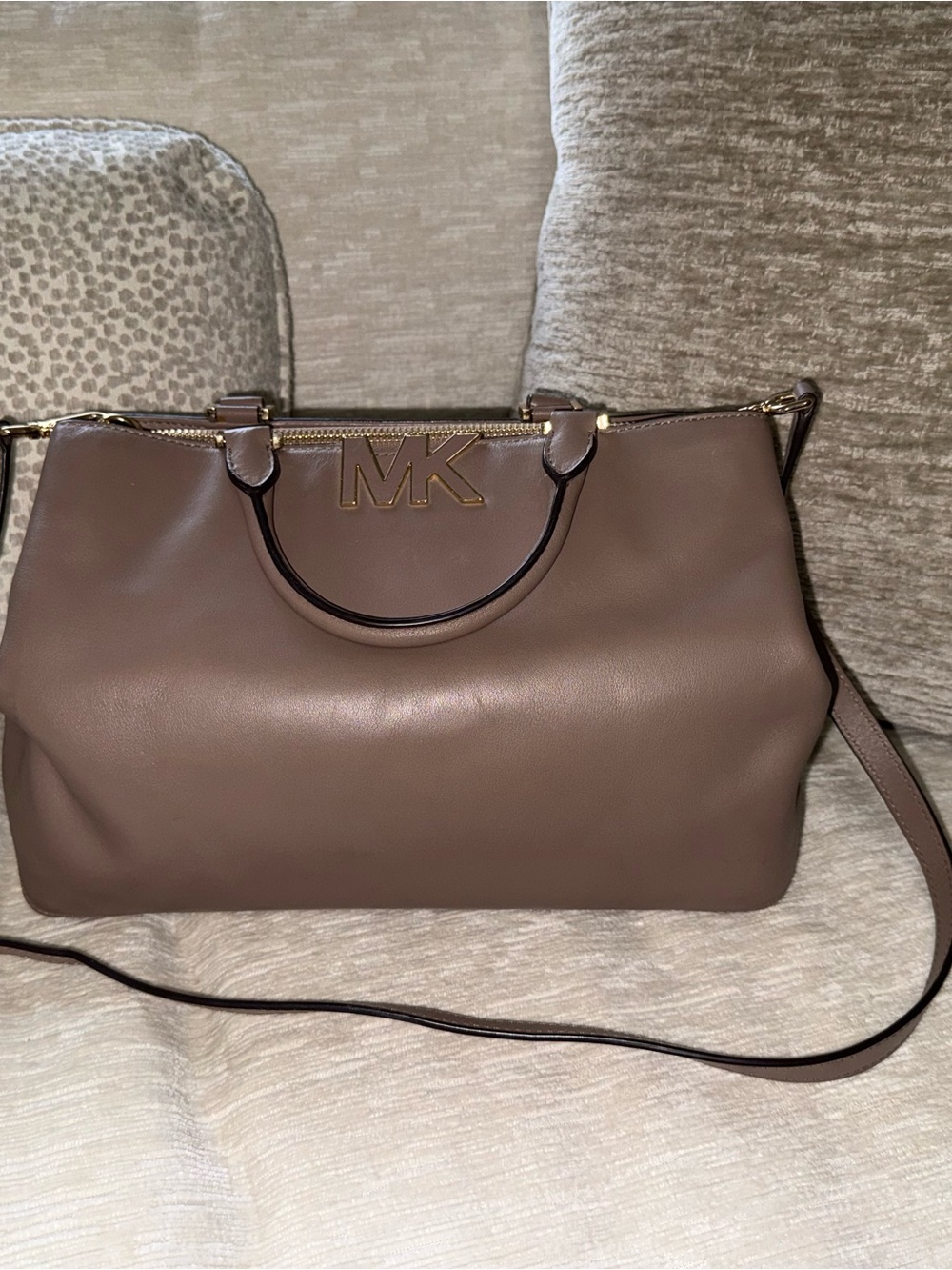 Michael Kors Taupe Leather MK Logo Satchel